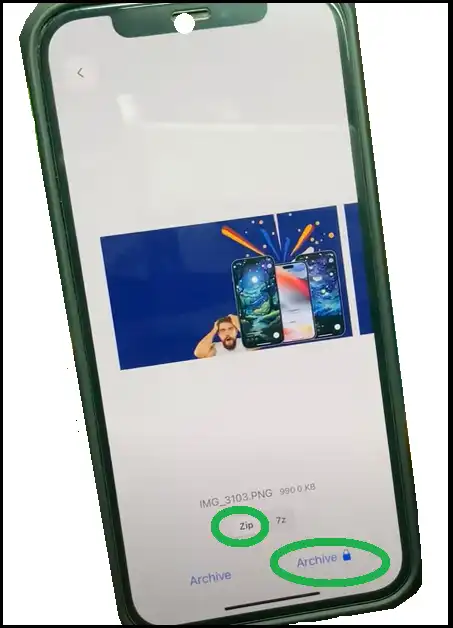 Select archive format and create lock zip file on iPhone