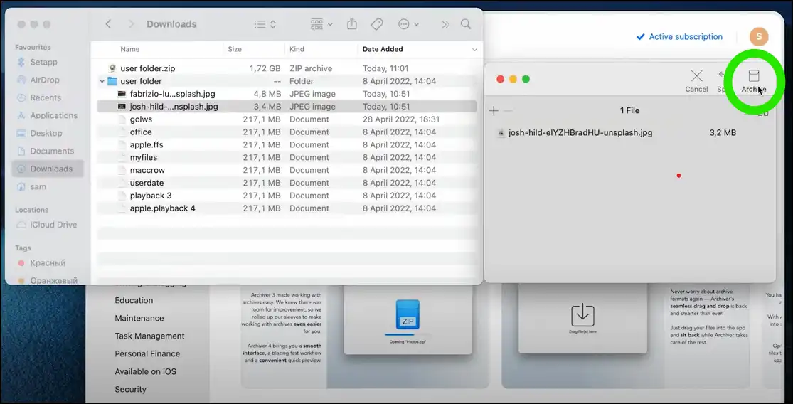 Tap Archive to create zip lock file on mac