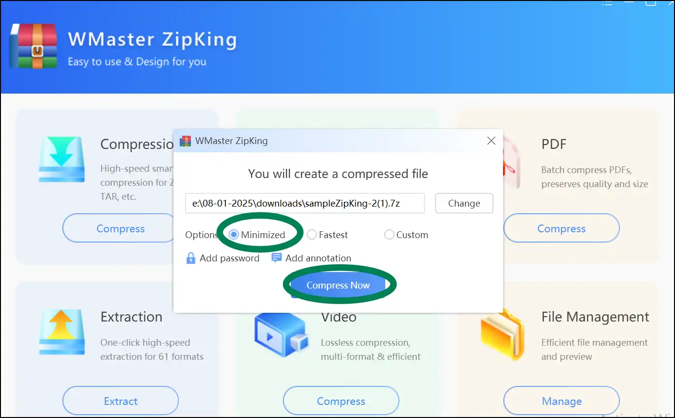 Select compression level to compress zip file on Windows