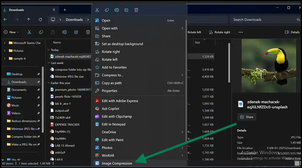 Right-click to make JPEG file size smaller on Windows with Zipking
