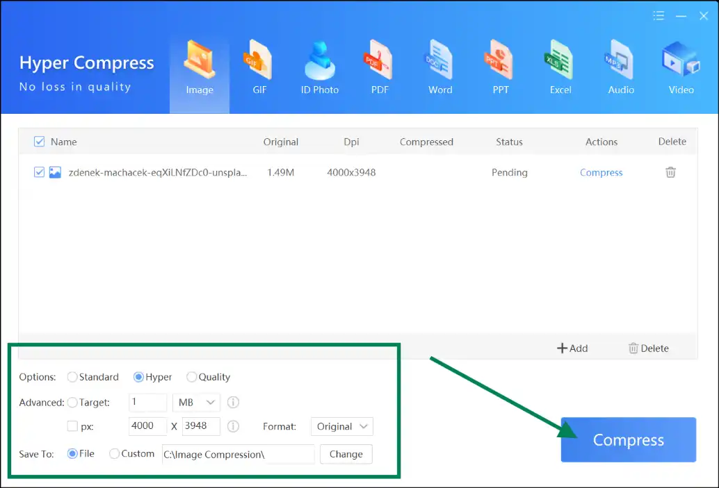 Select compression level and size to make JPEG smaller with Zipking