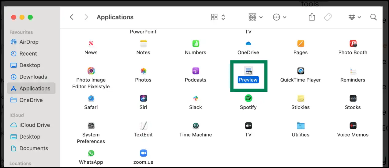Select Preview App from applications to compress JPG file on Mac
