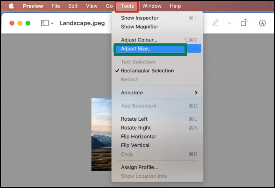 Select tools from the title bar to make JPEG file size smaller on Mac with Preview App