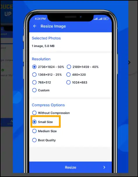 Select dimensions and compression level to make smaller photo size