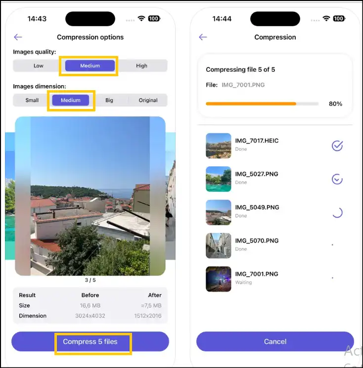 Select compression settings and compress photo files