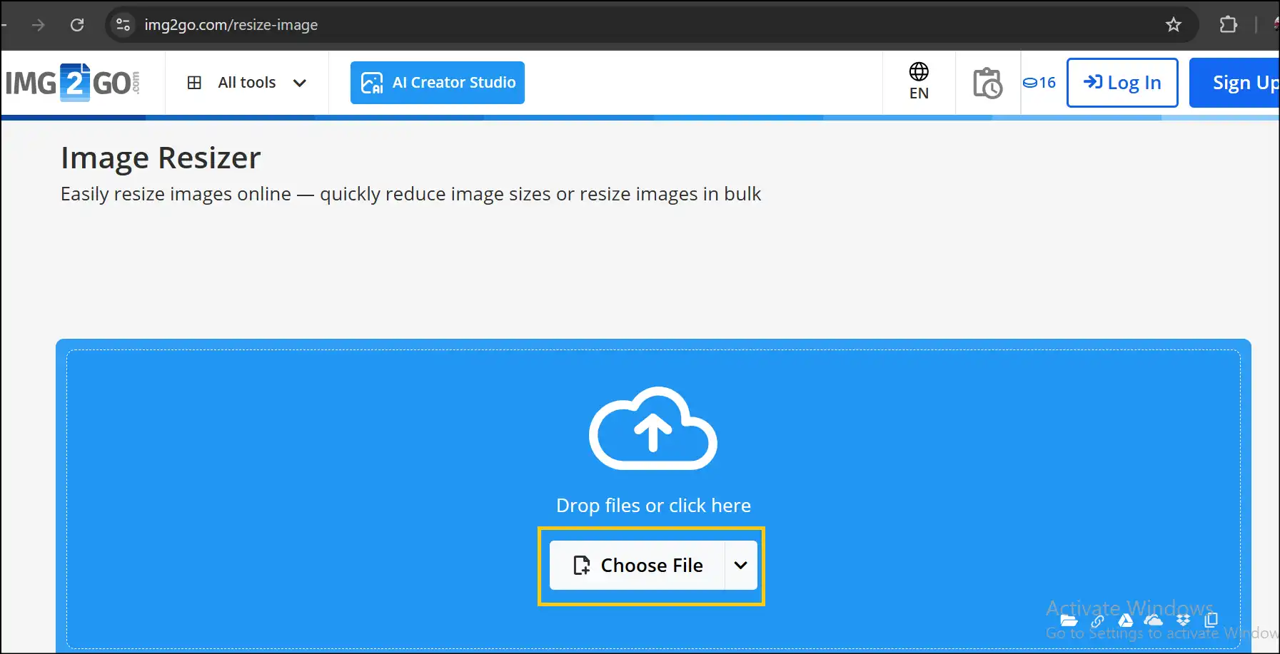 Visit img2Go and upload photo to compress online