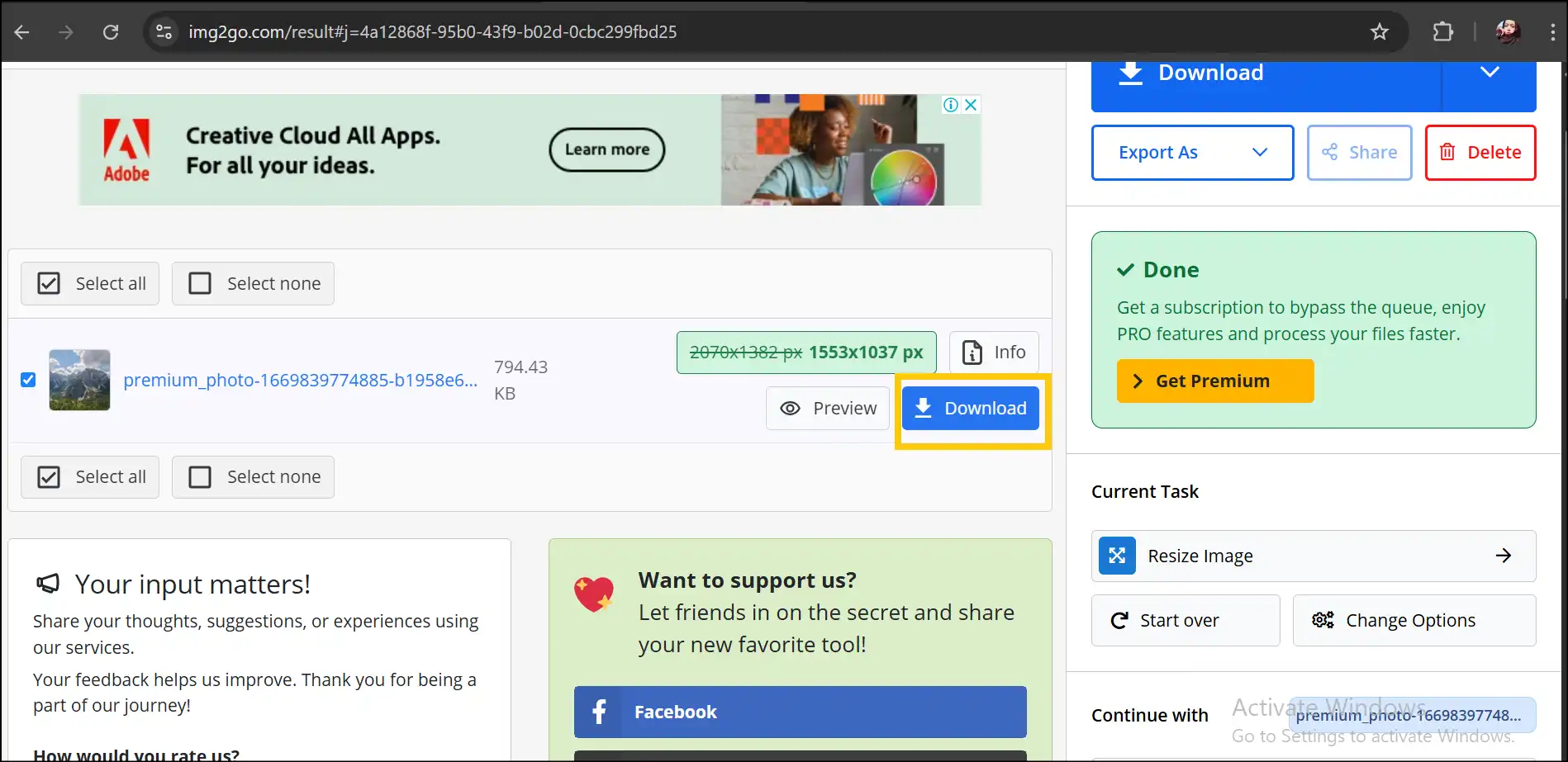 Download the compressed photo file from online service img2go