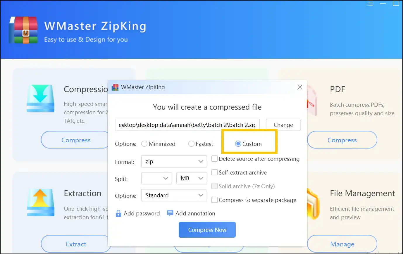 Customize your archives using custom option with Zipking