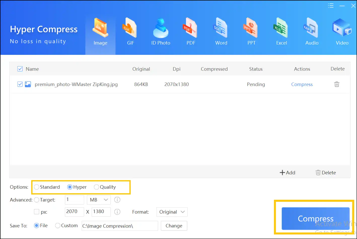 Choose compression level and adjust other settings to compress image file