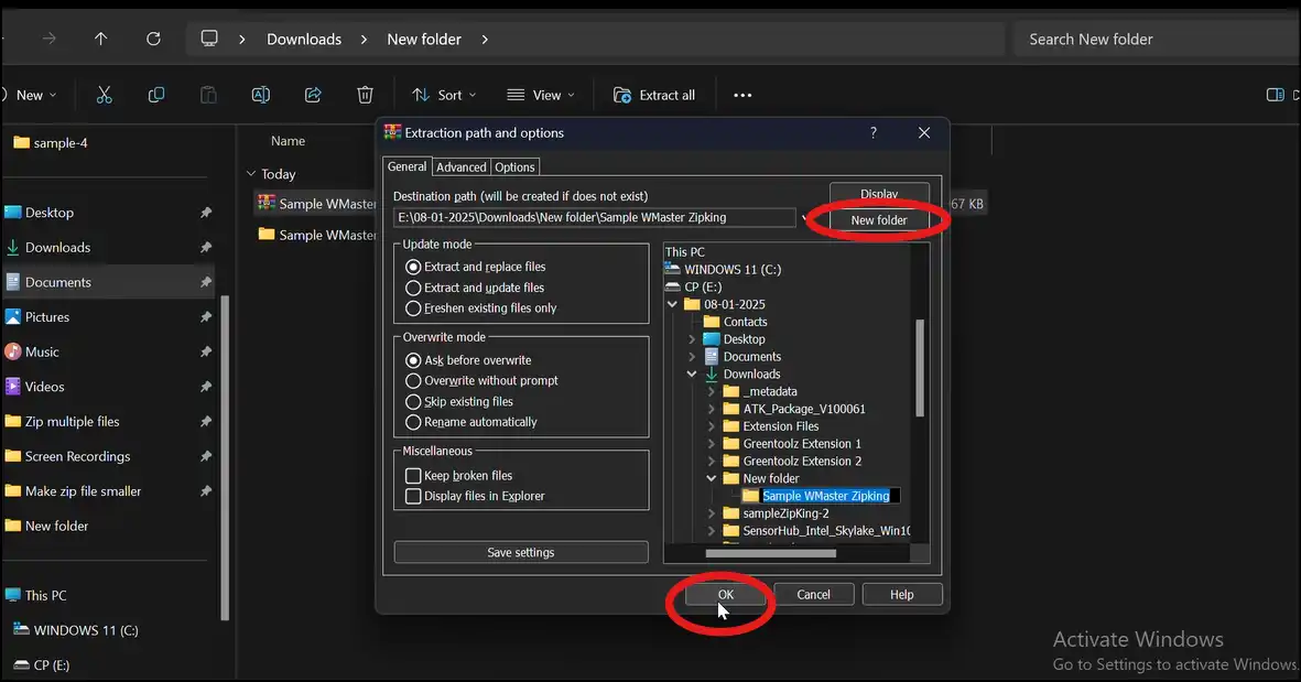 Make new folder with extracted zip file content with WinRAR