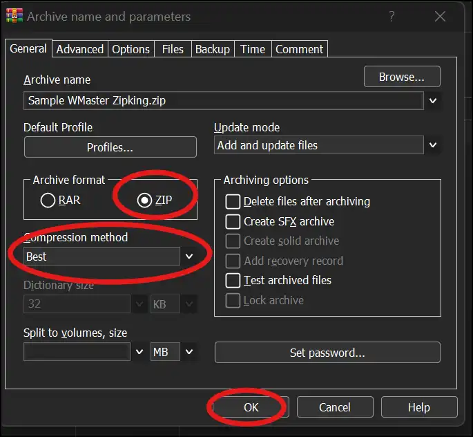 Select file format and compression level to make zip file smaller with WinRAR