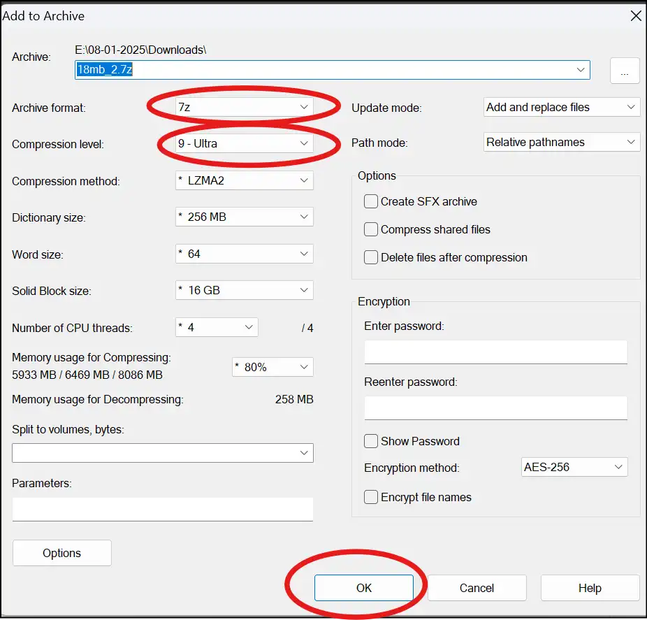 Select archive format and compression to make smaller zip file with 7-zip