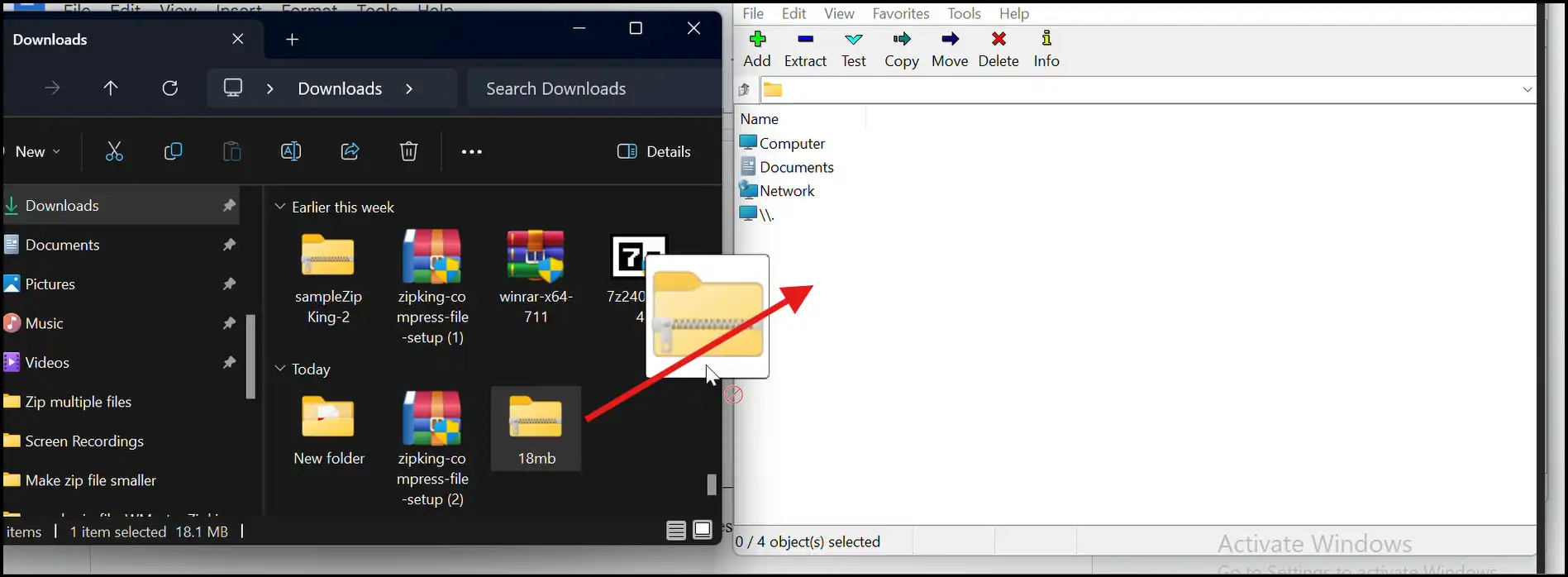 Drag and drop zip file to 7-zip interface to make zip file smaller