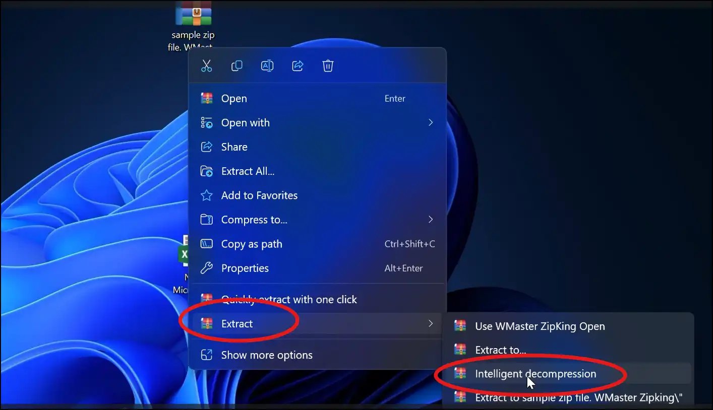 Right-click to extract zip file on windows with WMaster ZipKing