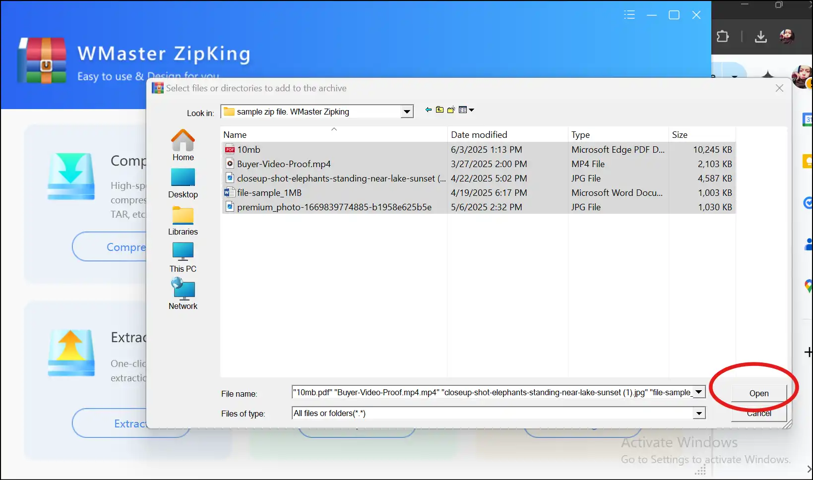 Open Zipking interface and add file to make smaller zip file by split method
