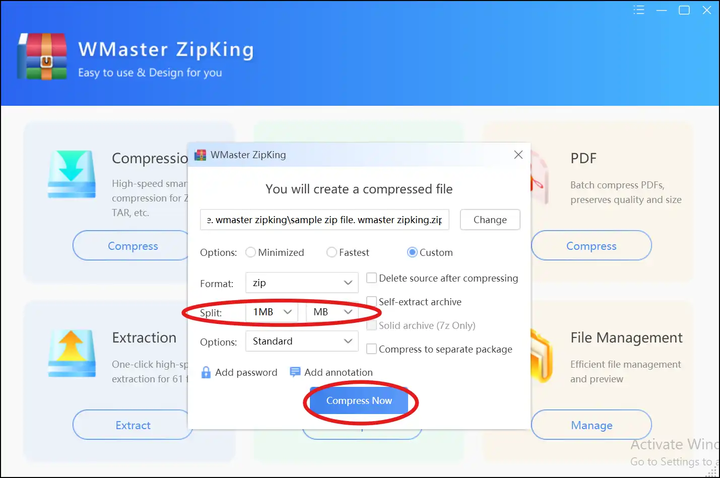 Go to Custom and select split size to make zip file smaller