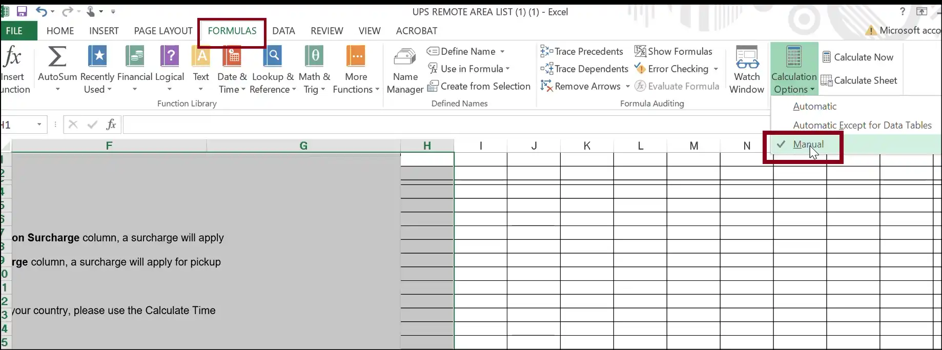 Select manual calculation for reducing file size in excel format type