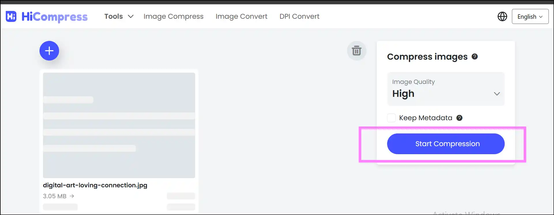 Start Compression to minimize JPEG image file size online with Hicompress