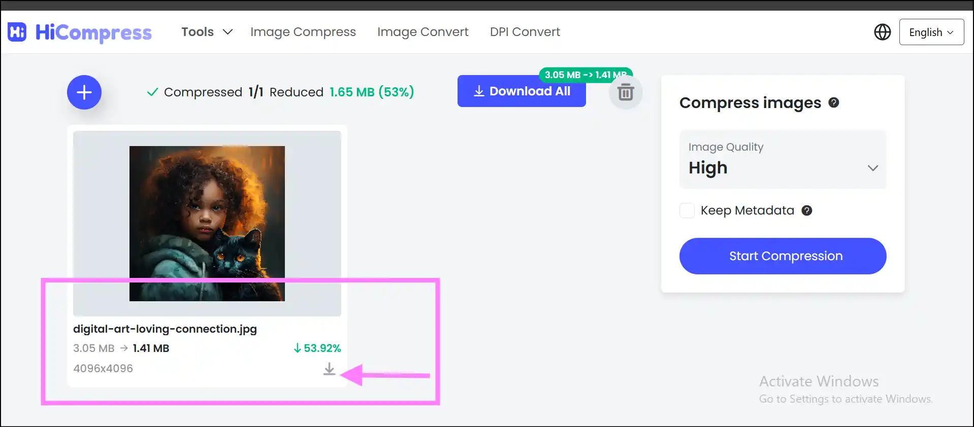 Download and access your compressed JPEG image