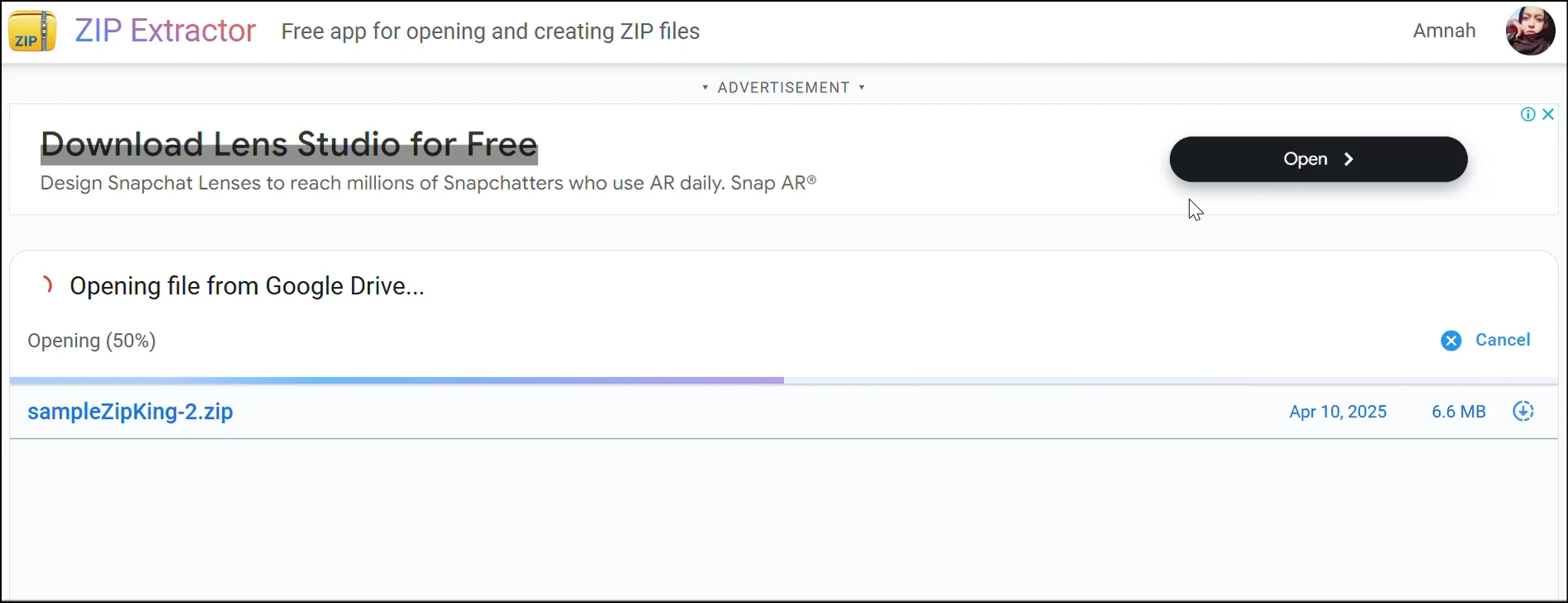 The process of opening zip file from Google Drive