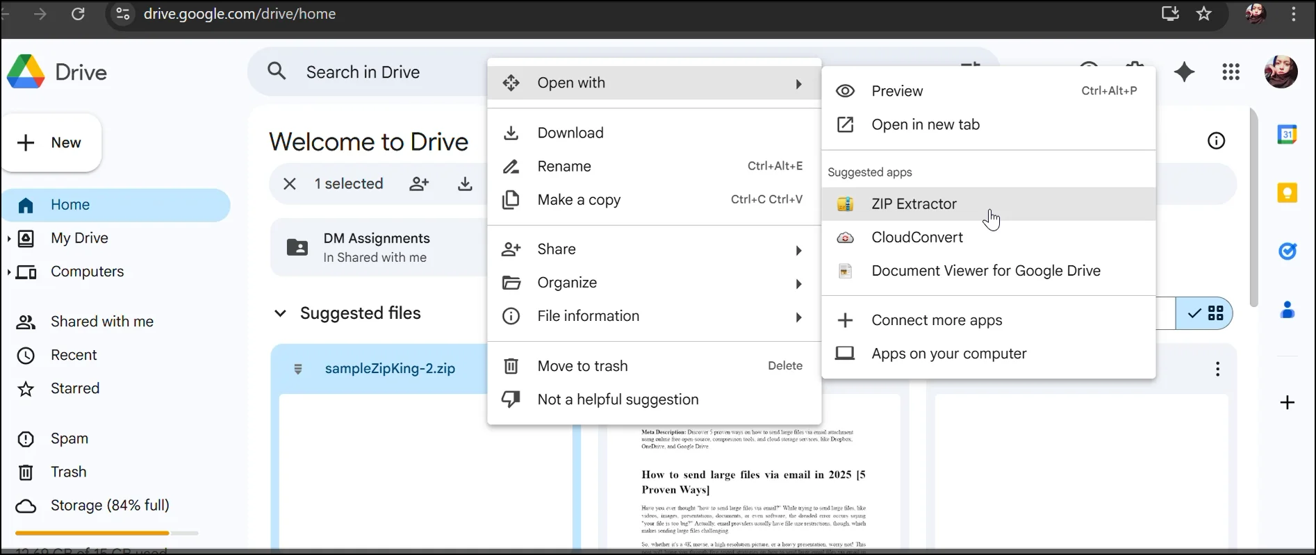 Right click to select ZIP Extractor to open zip files within Google Drive