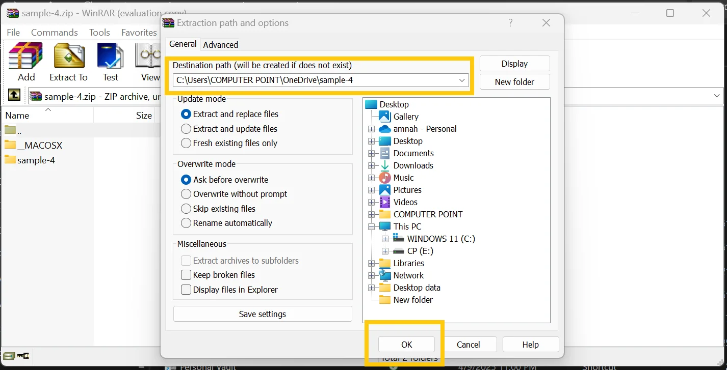 Choose destination path to extract zip file using OneDrive App