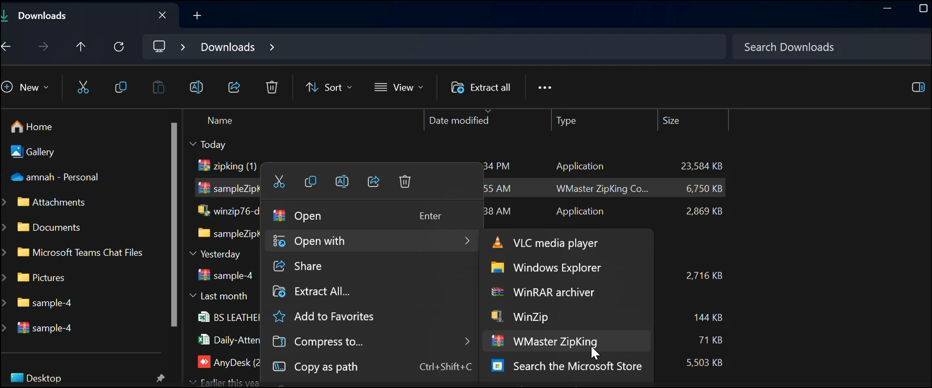 Right click to open a zip file with WMaster ZipKing