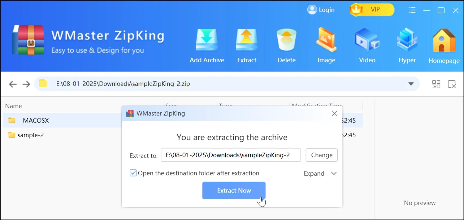 Select destination and click Extract Now to open zip files