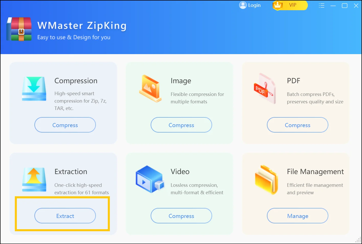 Launch Zipking and click on Extract to open zip files