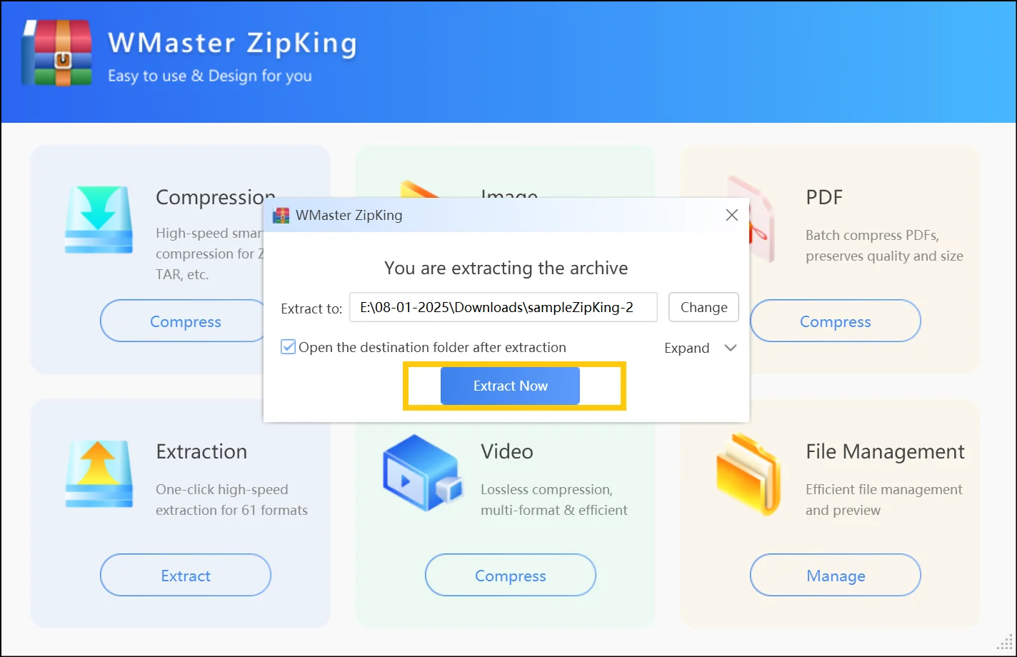 Tap on Extract Now to open a zip file content with Zipking