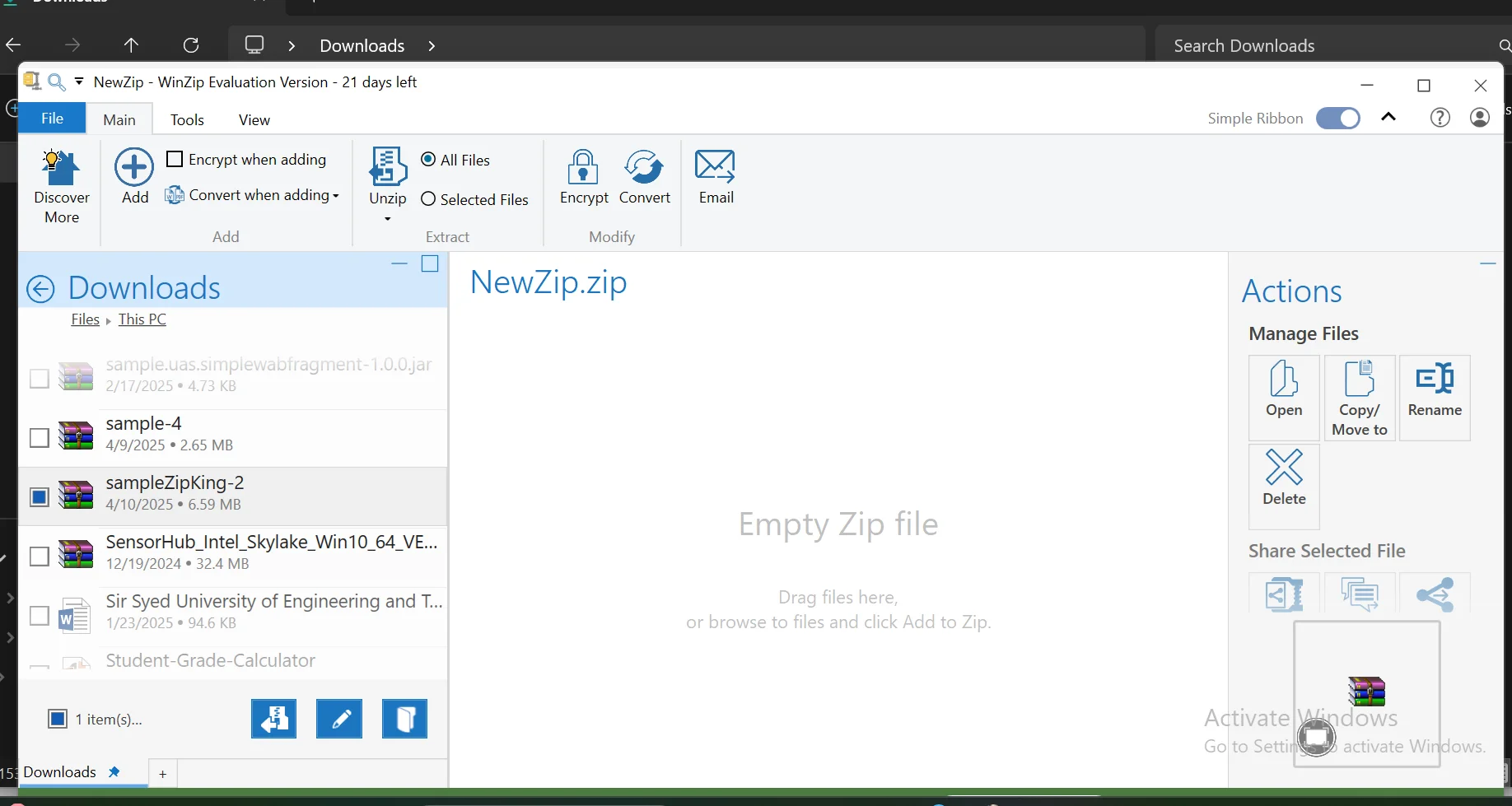 Launch WinZip to open zip file content