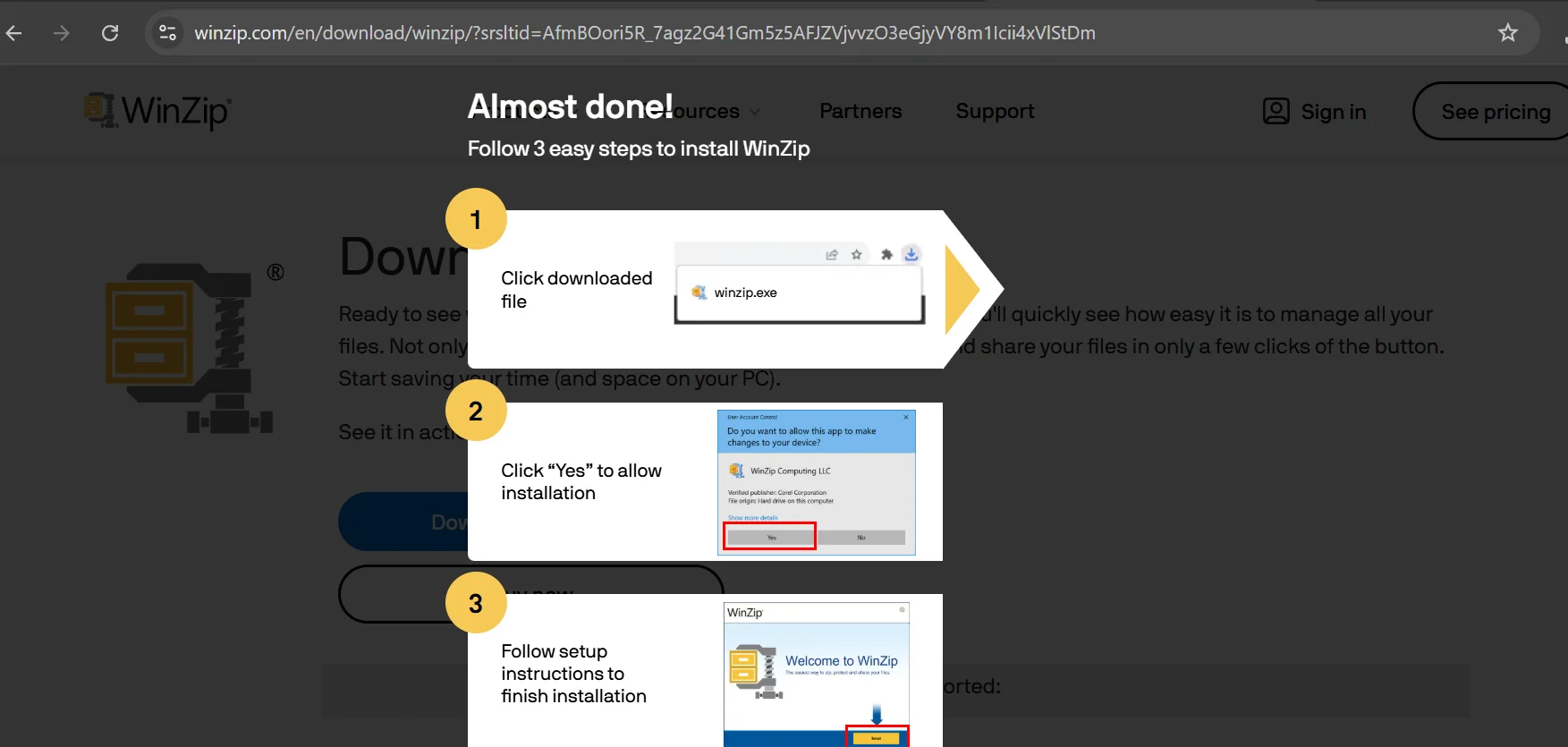 Download and install WinZip to open zip file