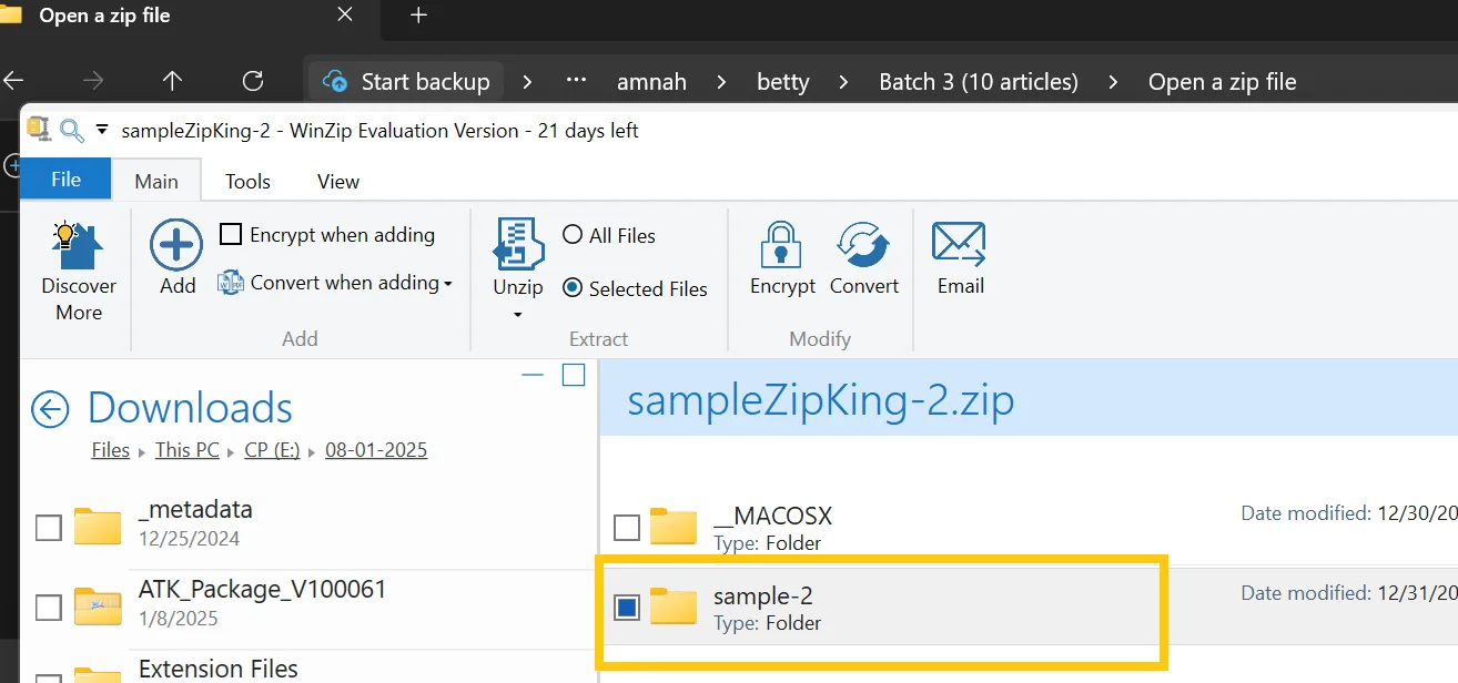 Double click to unzip zip file content with WinZip