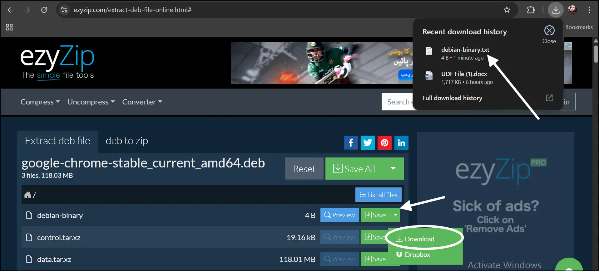 Download and access extracted DEB file content with ezyZip
