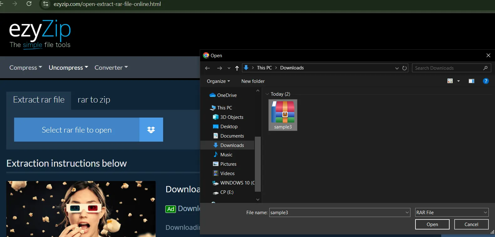 Select .RAR file and click open