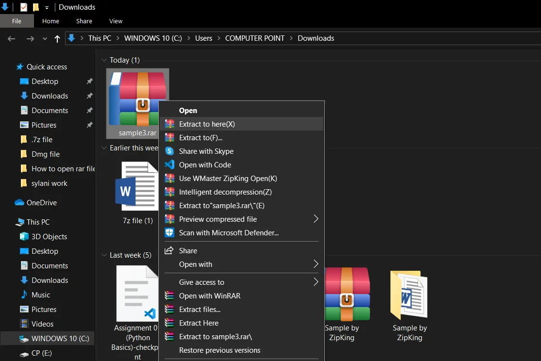 Right-click to extract .RAR file on Windows 10/11
