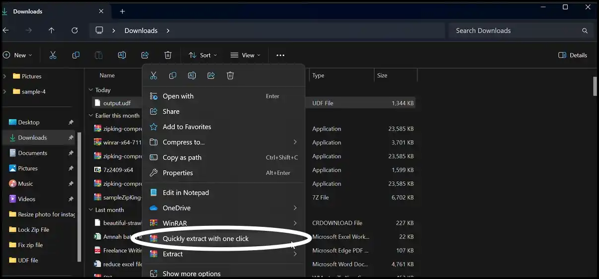 Right-click to extract the UDF file with one click on Windows with Zipking