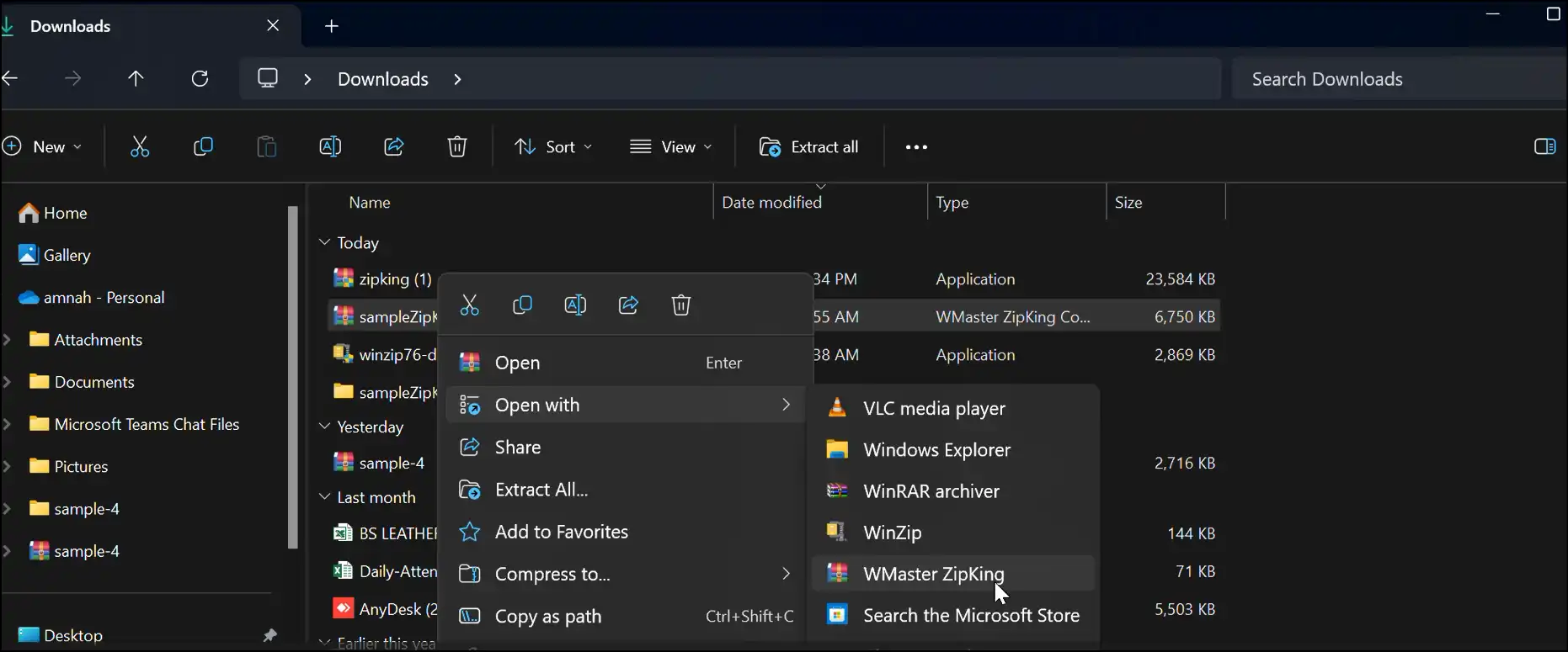 Right click to choose WMaster ZipKing as zip file opener