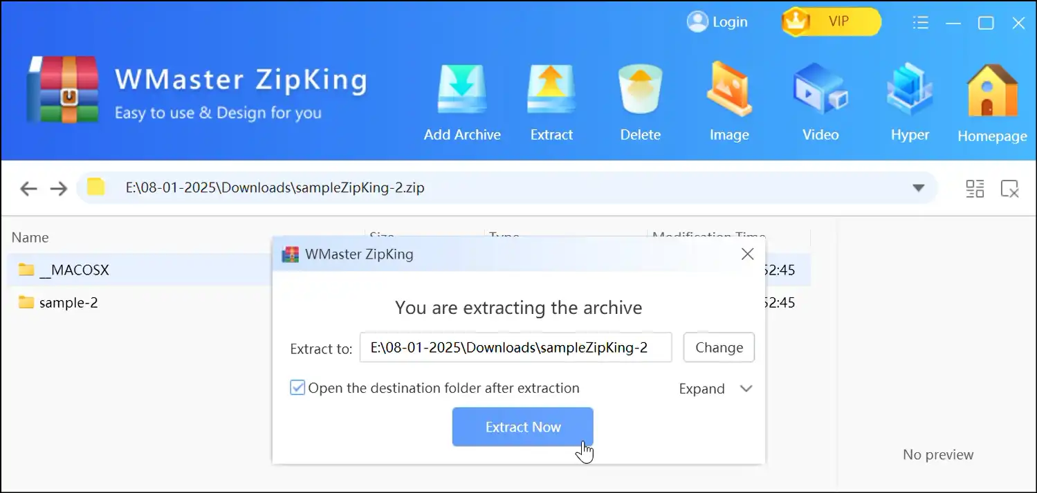 Select destination path and click Extract Now to open a zip file