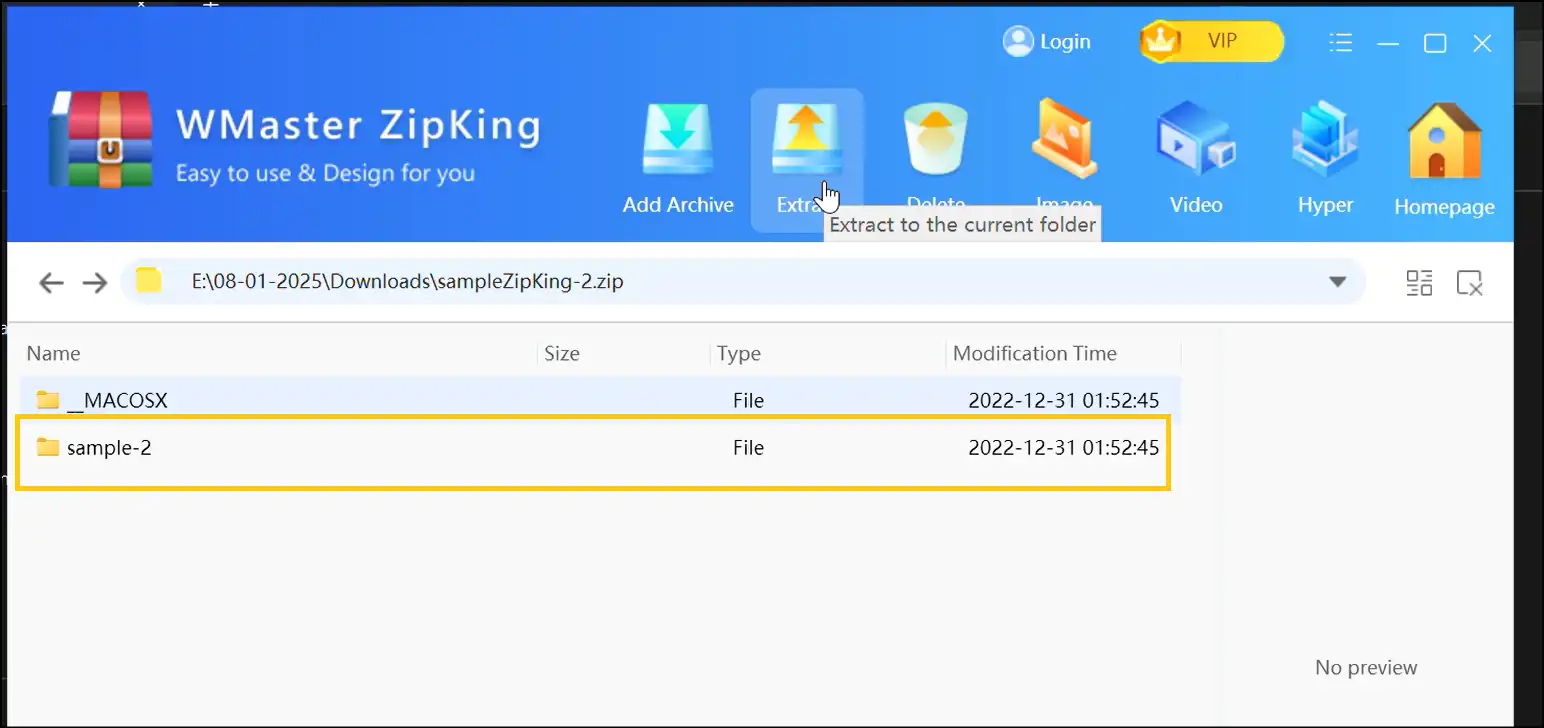 Select file and click Extract for the opening of zip file content