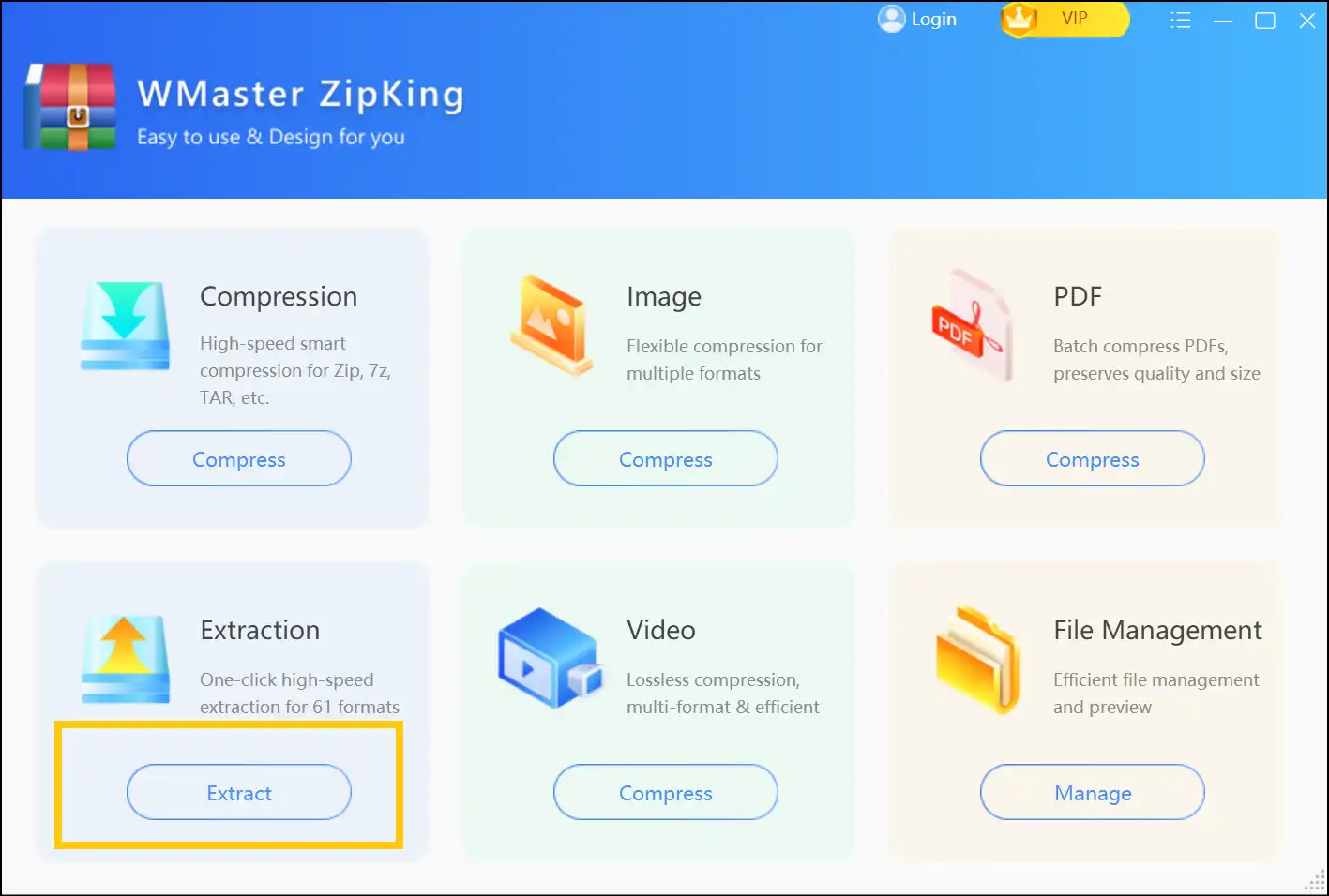 Launch Zipking app and click on Extract to open a zip file