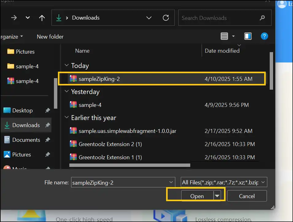 Select a zip file and click Open to extract with zip file opener ZipKing