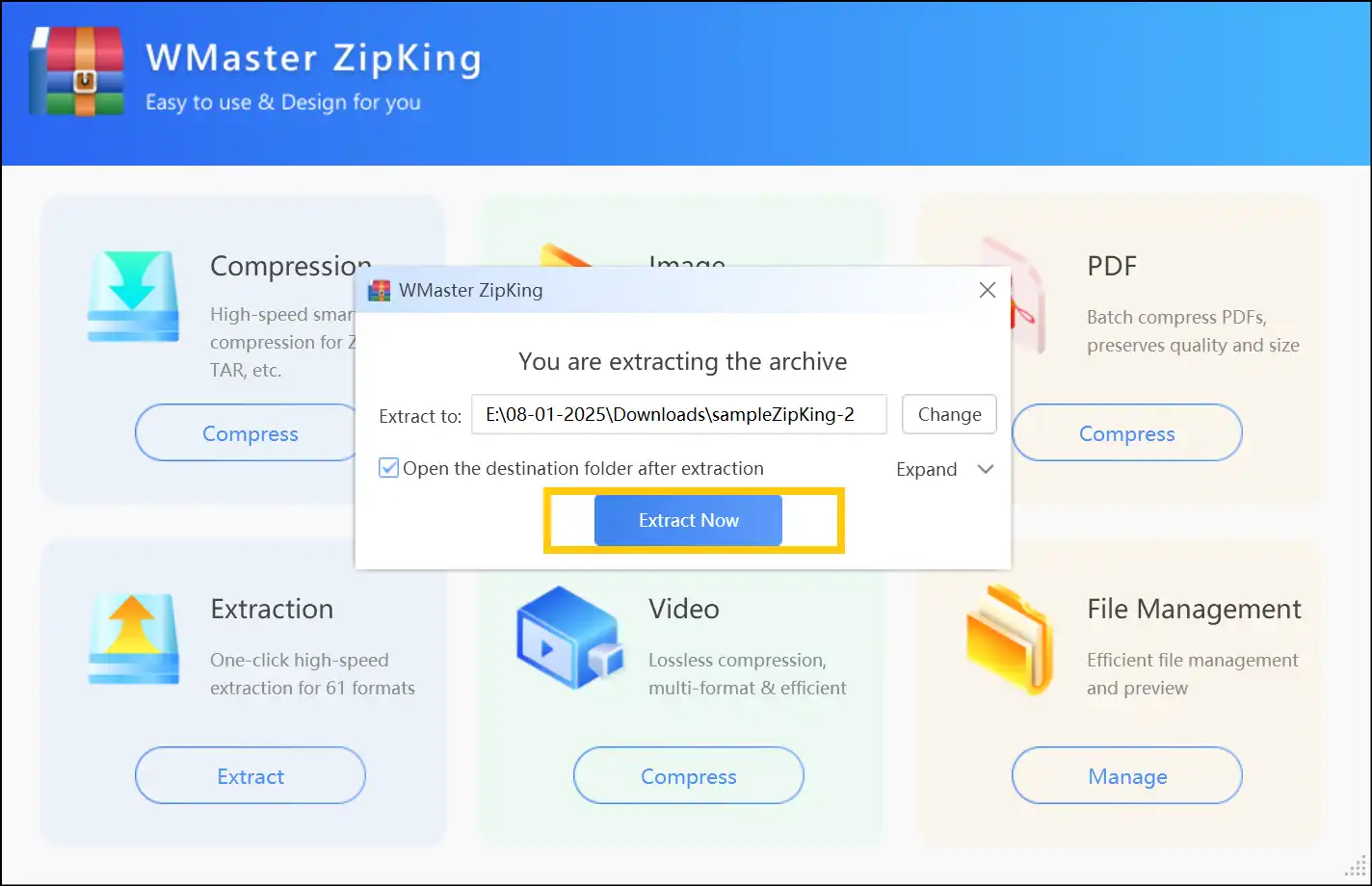 Tap on Extract Now to create a folder of extracted zip file content with Zipking