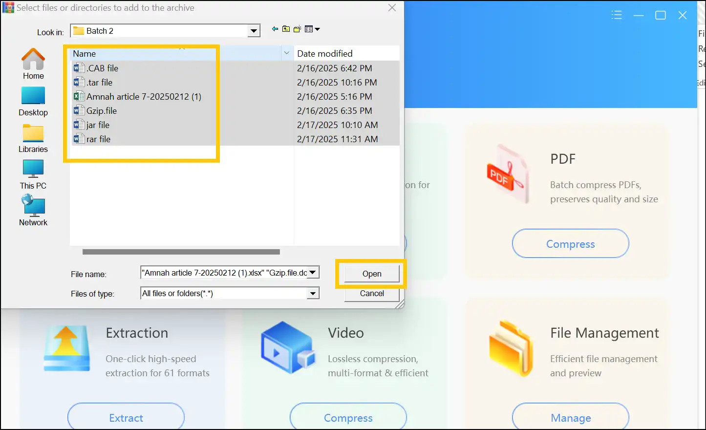 Select files to make password-protected ZIP file