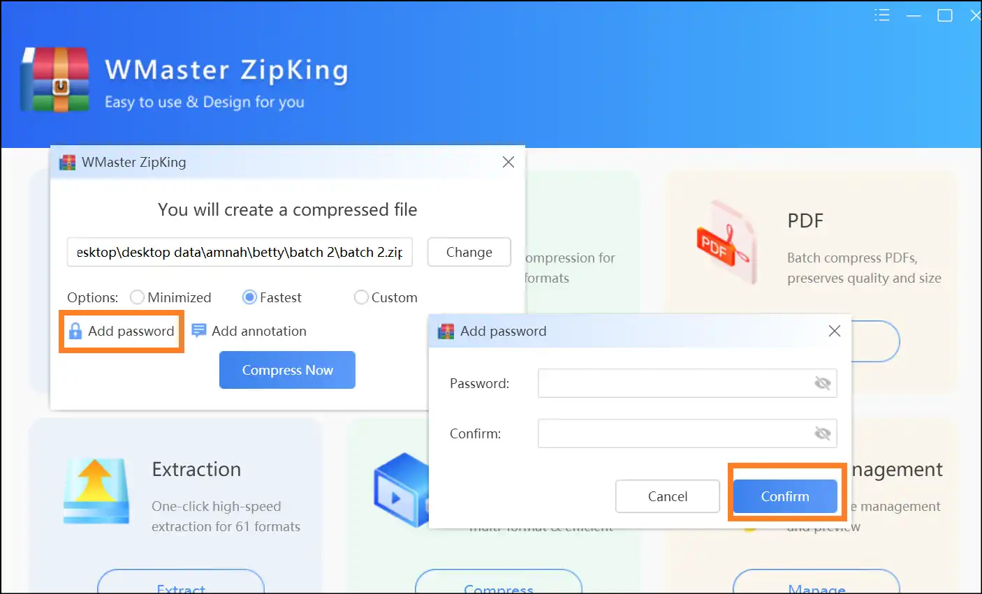 Choose password to password-protect ZIP files with WMaster ZipKing