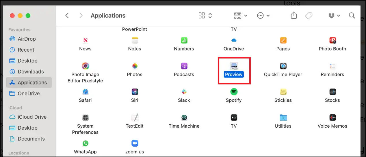 Select Preview App from applications to compress JPG file on Mac