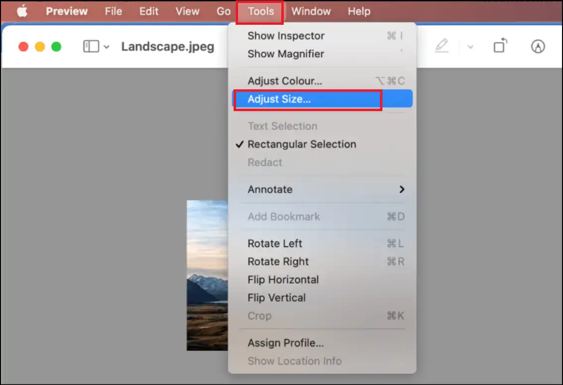 Select Tools from Title bar to resize the JPG file on Mac