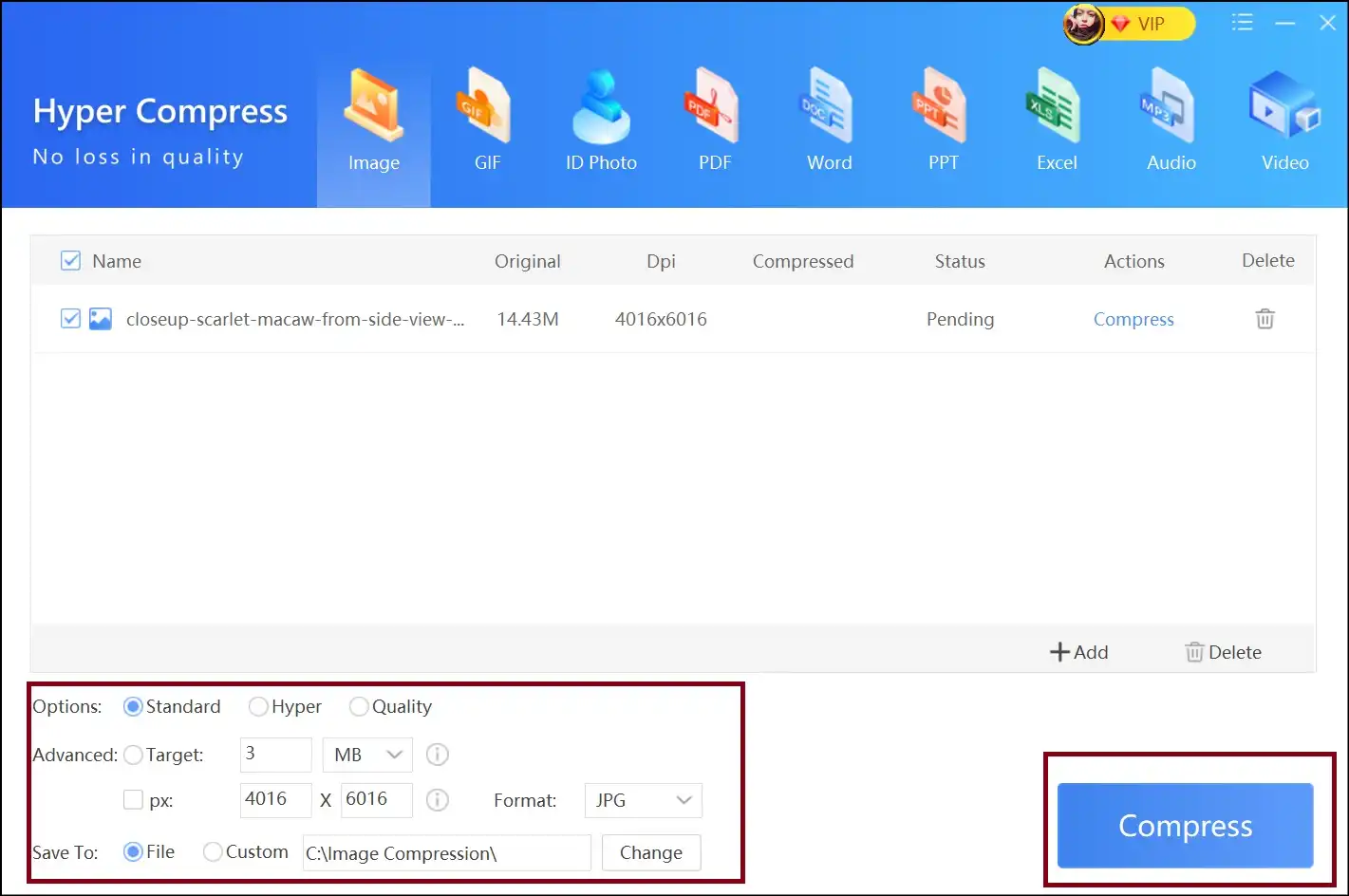 Customize your target compression level and press Compress