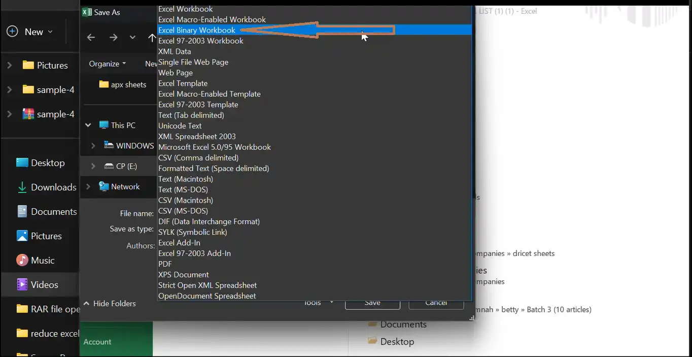 Select Excel Binary Workbook to reduce excel file size