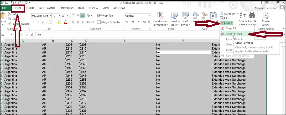 Clear Formats method to reduce excel file size